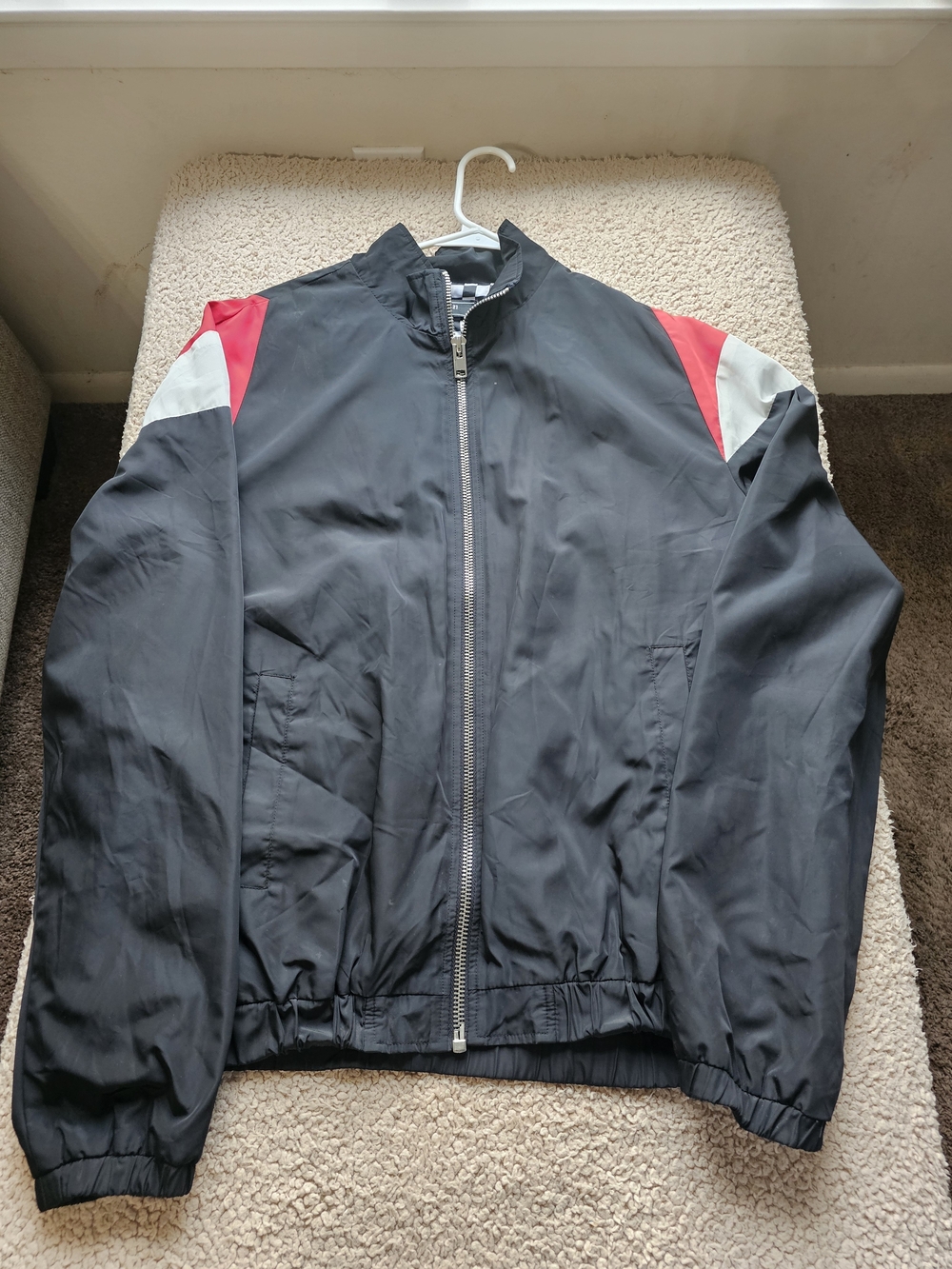 Men's Black Windbreaker Jacket with Red & White Shoulder Accents